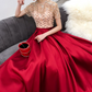 Retro Short Sleeve Red Prom Dress Crystals Satin A-Line Evening Dress C9042