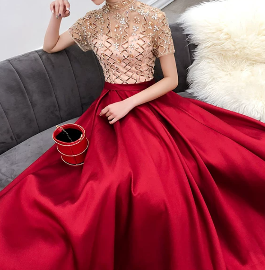 Retro Short Sleeve Red Prom Dress Crystals Satin A-Line Evening Dress C9042
