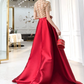 Retro Short Sleeve Red Prom Dress Crystals Satin A-Line Evening Dress C9042