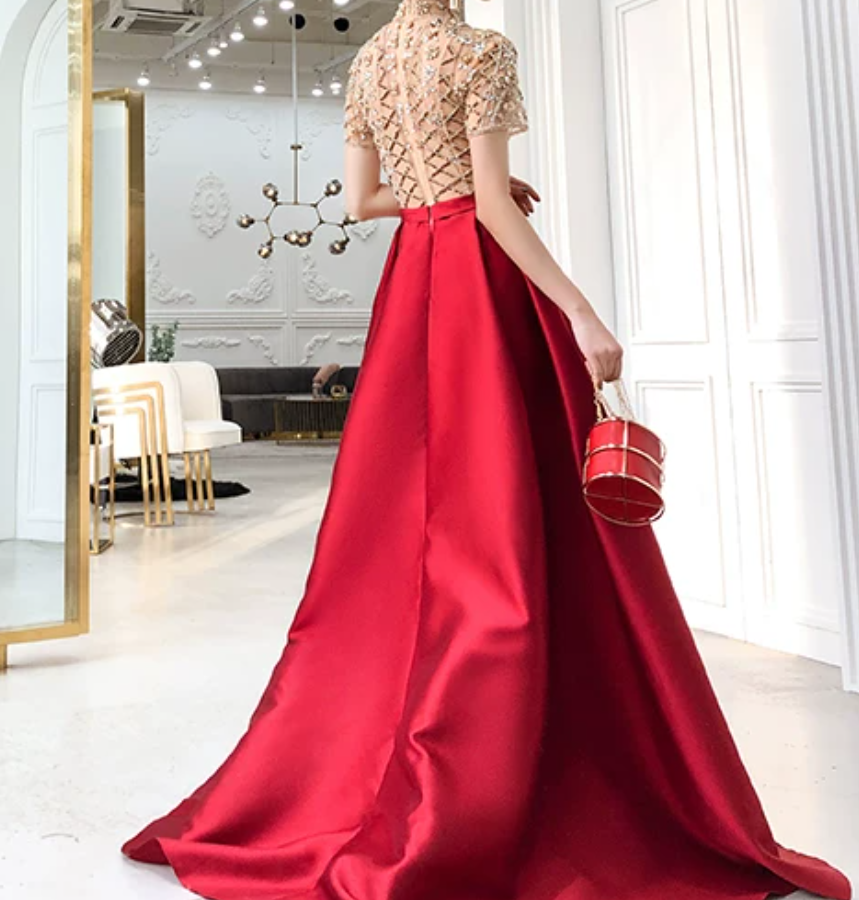 Retro Short Sleeve Red Prom Dress Crystals Satin A-Line Evening Dress C9042