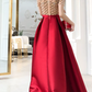 Retro Short Sleeve Red Prom Dress Crystals Satin A-Line Evening Dress C9042