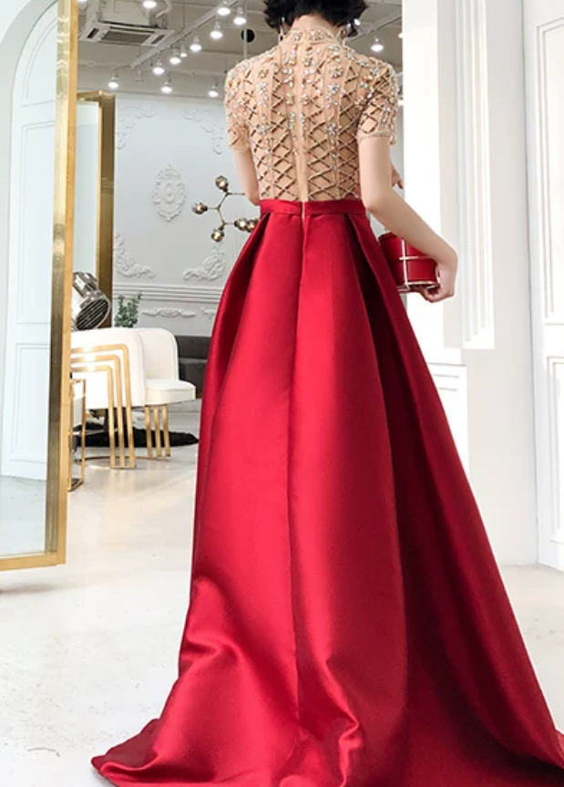 Retro Short Sleeve Red Prom Dress Crystals Satin A-Line Evening Dress C9042