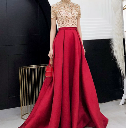 Retro Short Sleeve Red Prom Dress Crystals Satin A-Line Evening Dress C9042
