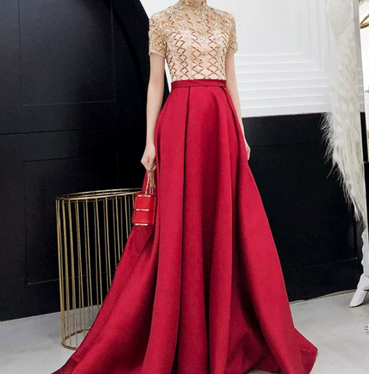 Retro Short Sleeve Red Prom Dress Crystals Satin A-Line Evening Dress C9042