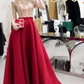 Retro Short Sleeve Red Prom Dress Crystals Satin A-Line Evening Dress C9042