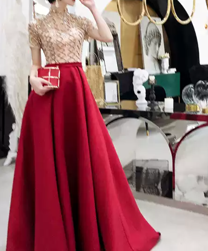 Retro Short Sleeve Red Prom Dress Crystals Satin A-Line Evening Dress C9042