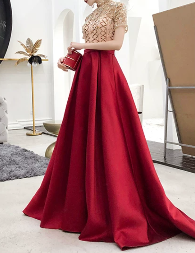 Retro Short Sleeve Red Prom Dress Crystals Satin A-Line Evening Dress C9042