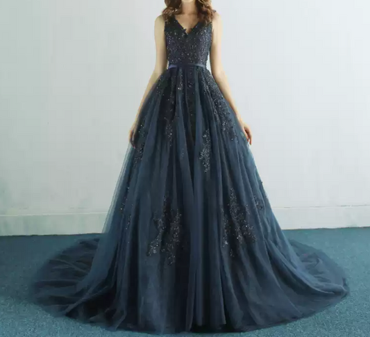 Charming V Neck Navy Blue Prom Dress Sequins Tulle A-Line Evening Dress C9044