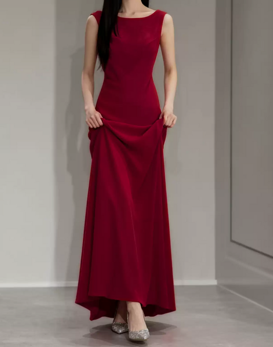 Trendy Jewel Neck Red Prom Dress Satin Beading Backless Mermaid Evening Dress C9045