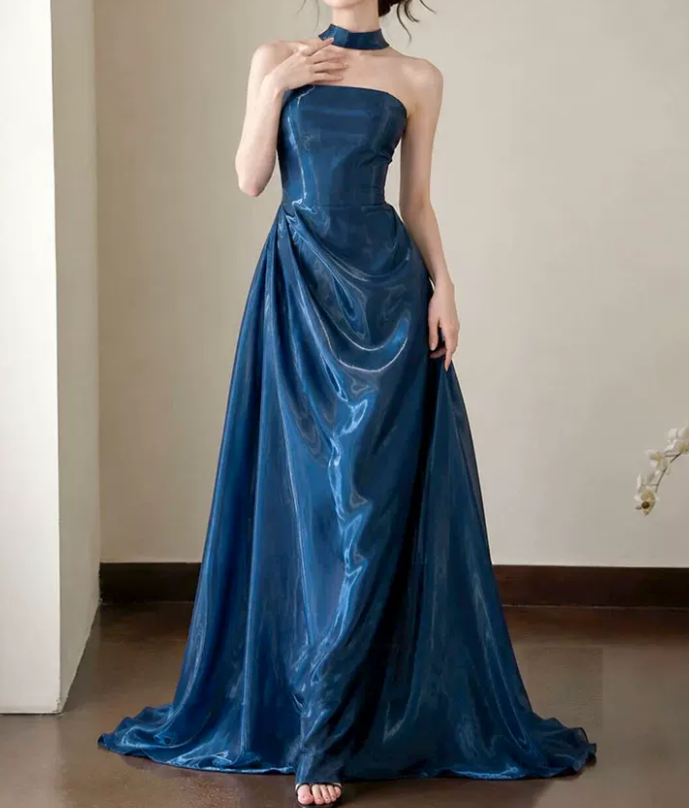 Ornate Strapless Blue Prom Dress With Scarf Satin A-Line Evening Dress C9047