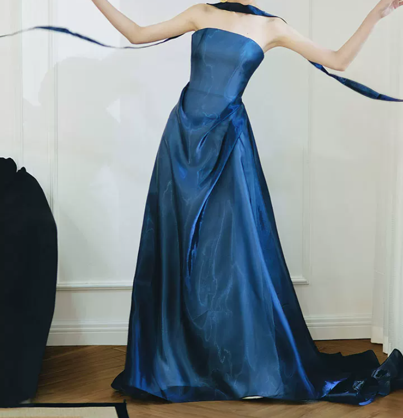Ornate Strapless Blue Prom Dress With Scarf Satin A-Line Evening Dress C9047