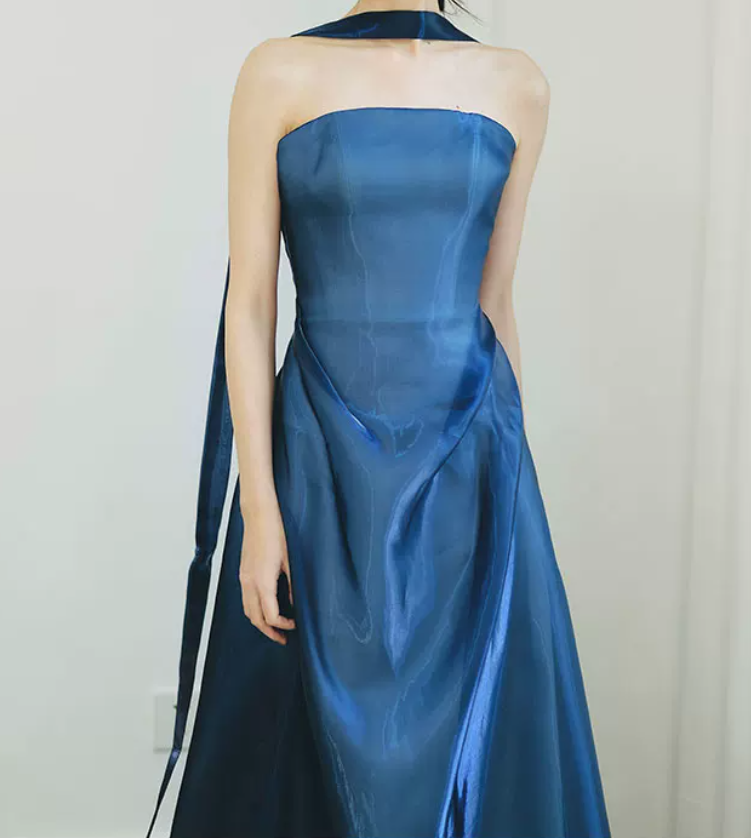 Ornate Strapless Blue Prom Dress With Scarf Satin A-Line Evening Dress C9047