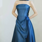 Ornate Strapless Blue Prom Dress With Scarf Satin A-Line Evening Dress C9047