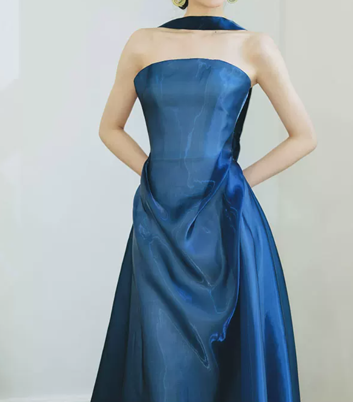 Ornate Strapless Blue Prom Dress With Scarf Satin A-Line Evening Dress C9047