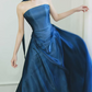 Ornate Strapless Blue Prom Dress With Scarf Satin A-Line Evening Dress C9047