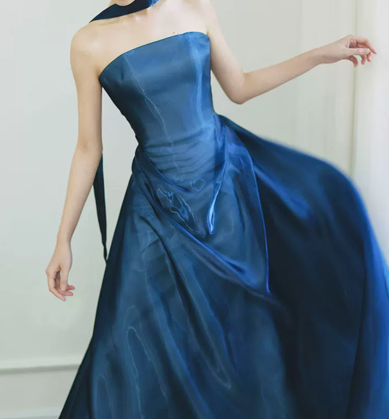 Ornate Strapless Blue Prom Dress With Scarf Satin A-Line Evening Dress C9047