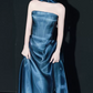 Ornate Strapless Blue Prom Dress With Scarf Satin A-Line Evening Dress C9047