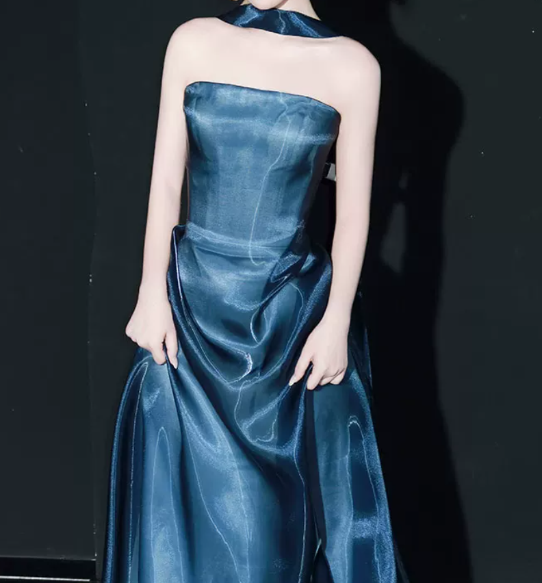 Ornate Strapless Blue Prom Dress With Scarf Satin A-Line Evening Dress C9047