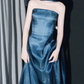Ornate Strapless Blue Prom Dress With Scarf Satin A-Line Evening Dress C9047