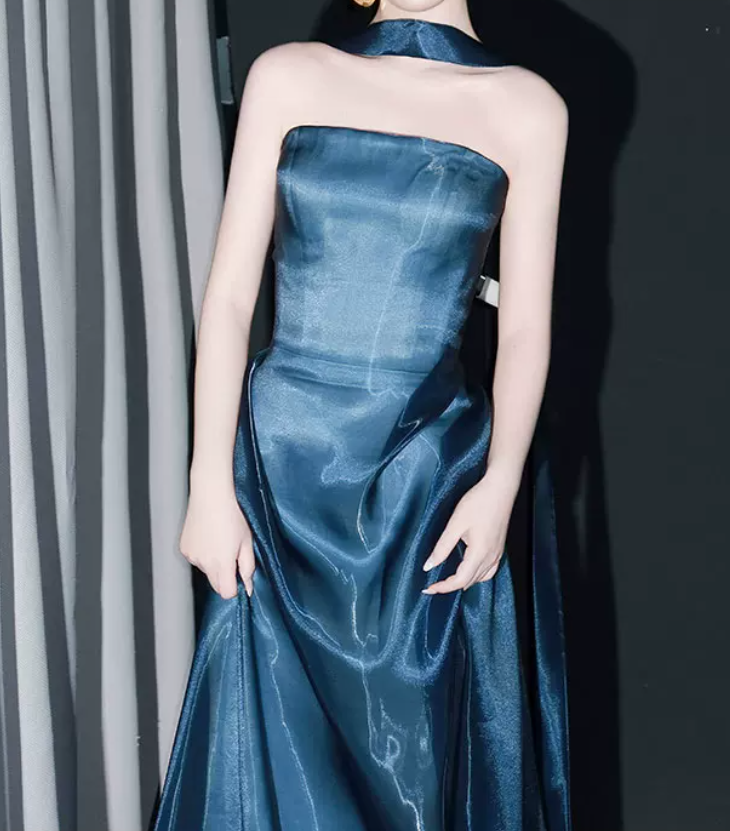 Ornate Strapless Blue Prom Dress With Scarf Satin A-Line Evening Dress C9047