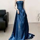 Ornate Strapless Blue Prom Dress With Scarf Satin A-Line Evening Dress C9047