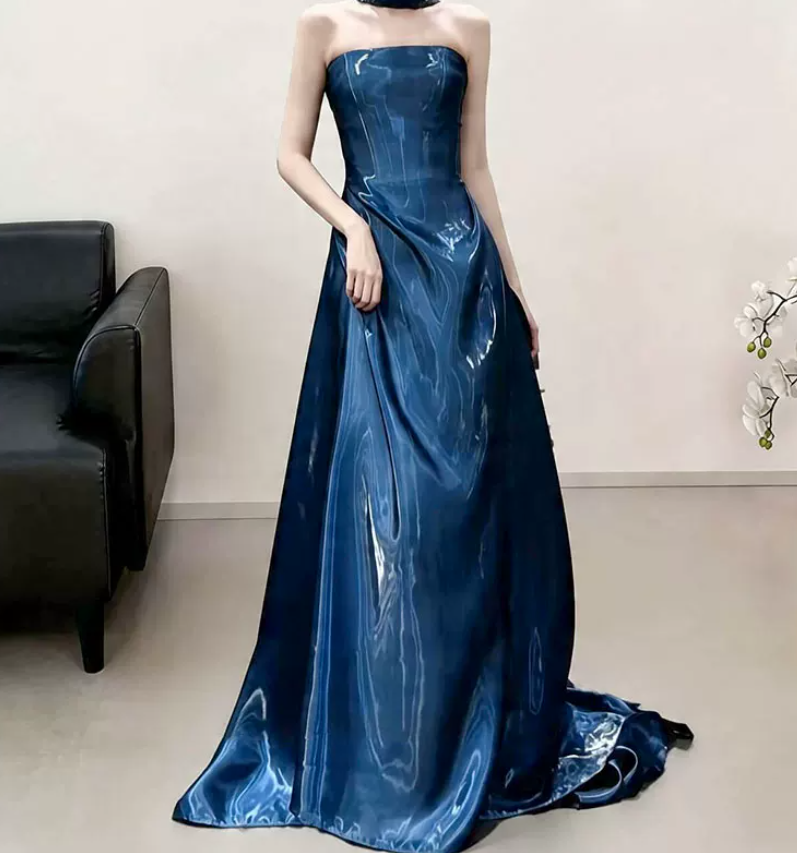 Ornate Strapless Blue Prom Dress With Scarf Satin A-Line Evening Dress C9047