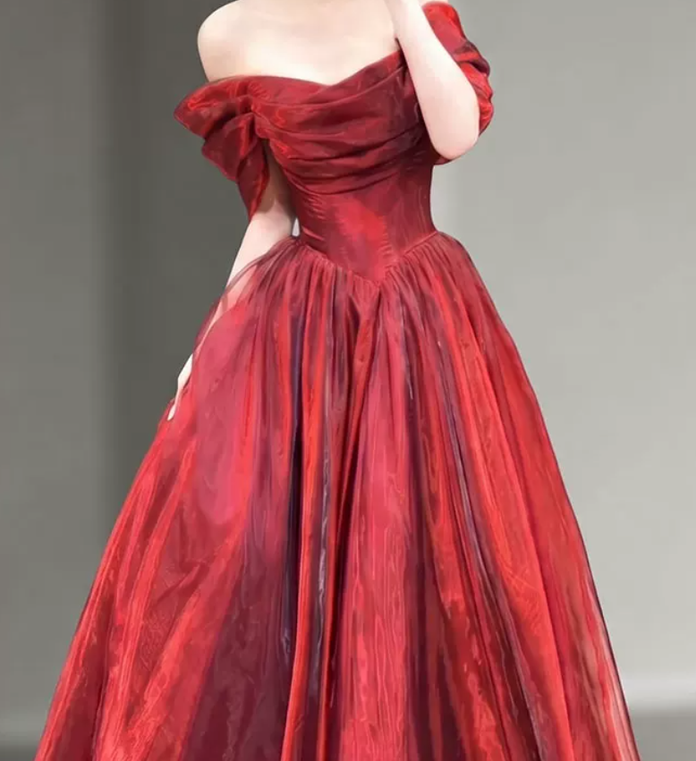 Sleek Off-Shoulder Red Prom Dress Satin A-Line Evening Dress C9048