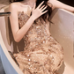 Romantic Strapless Champagne Prom Dress Sequins Beading Mermaid Evening Dress C9049