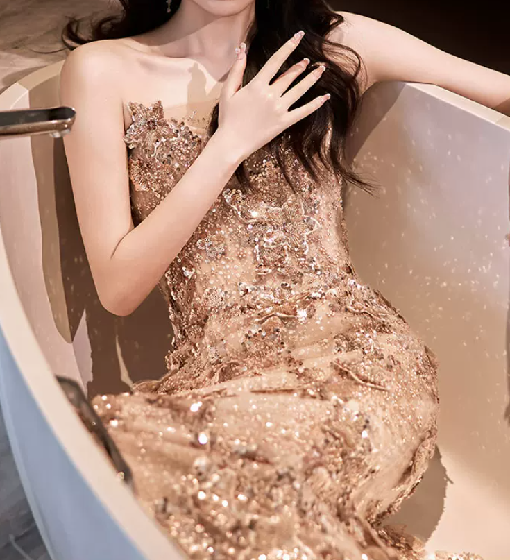 Romantic Strapless Champagne Prom Dress Sequins Beading Mermaid Evening Dress C9049