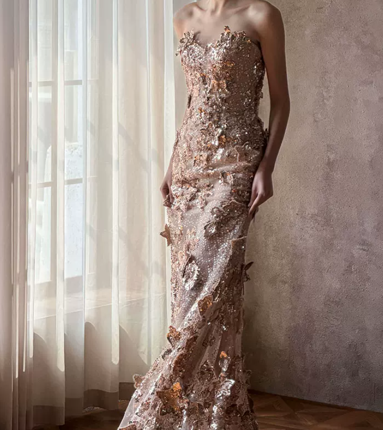 Romantic Strapless Champagne Prom Dress Sequins Beading Mermaid Evening Dress C9049
