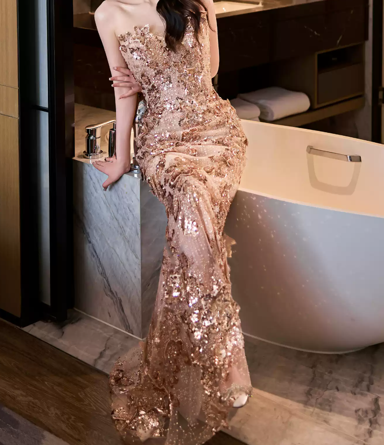 Romantic Strapless Champagne Prom Dress Sequins Beading Mermaid Evening Dress C9049