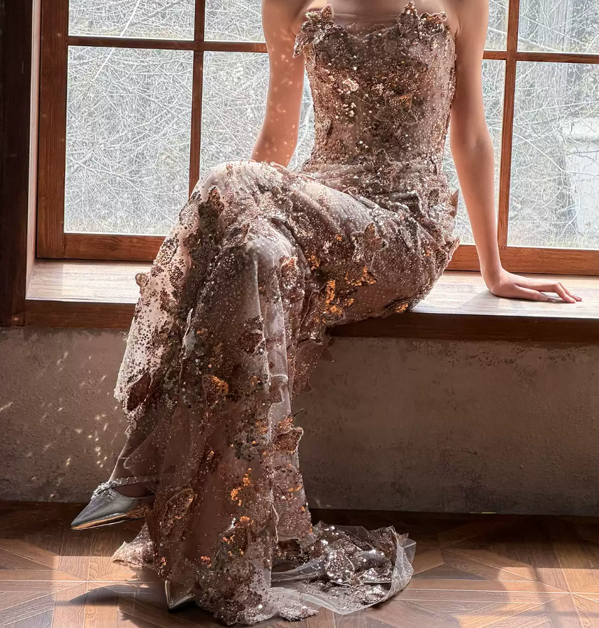 Romantic Strapless Champagne Prom Dress Sequins Beading Mermaid Evening Dress C9049