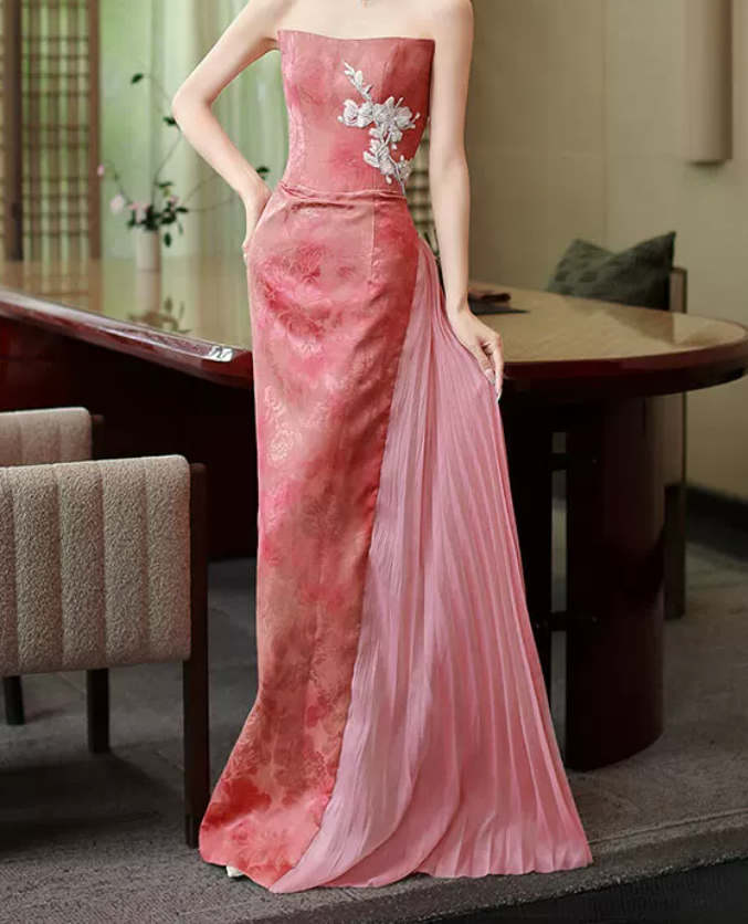 Robe de bal de princesse bustier à volants en satin long, robe de soirée C8117