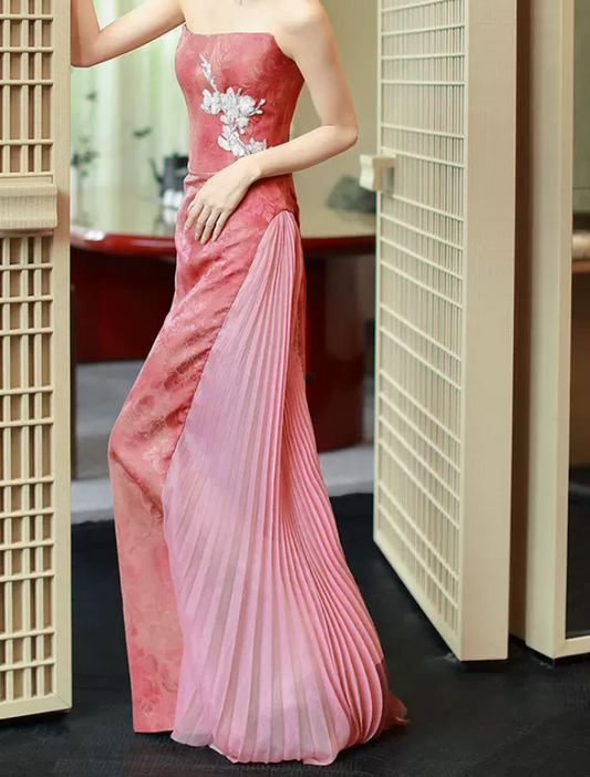 Retro Strapless Pink Prom Dress Jacquard Appliques Mermaid Evening Dress C9050