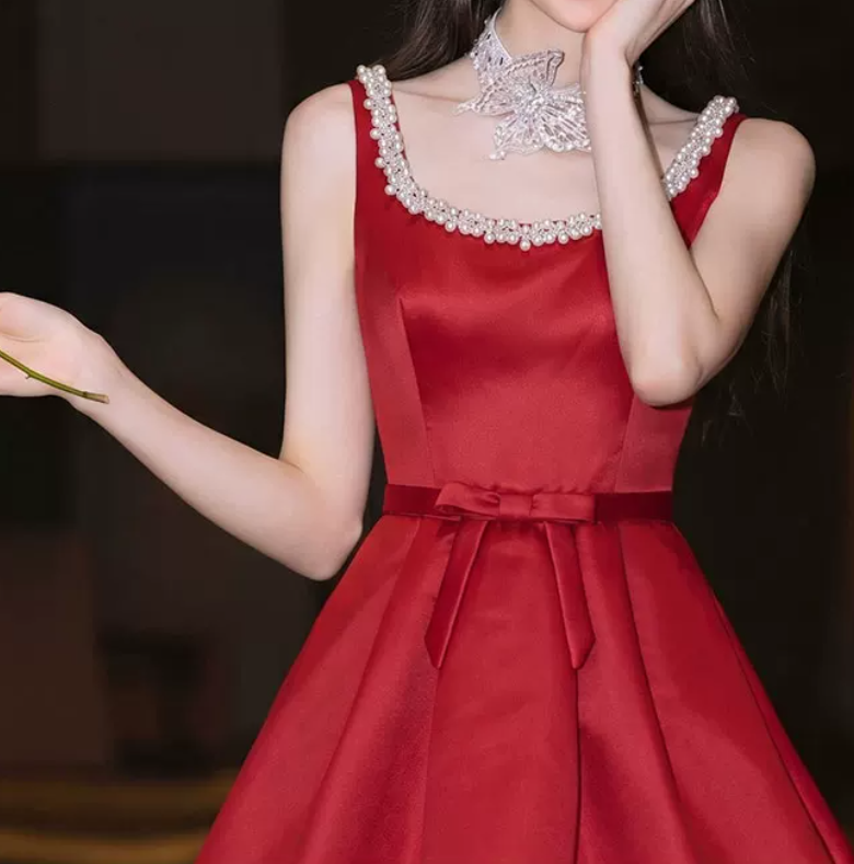 Mini robe de soirée en satin, sans bretelles, sans manches, ligne a, simple, C899