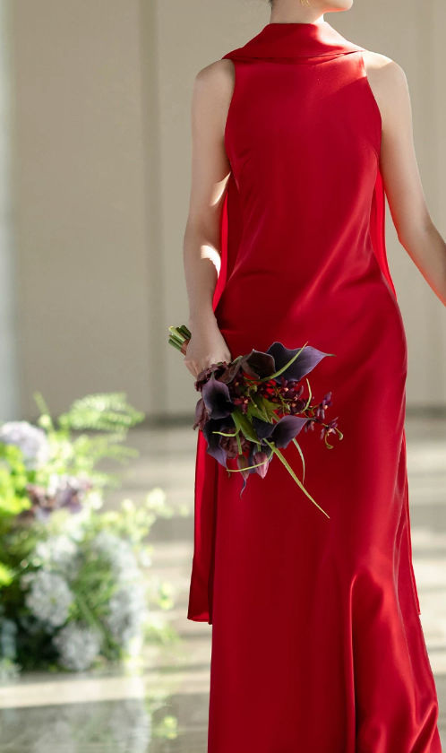 Attractive Satin Red Prom Dress Backless Beads Mermaid Evening Dress C9060