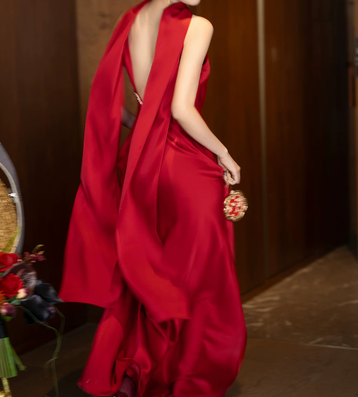 Attractive Satin Red Prom Dress Backless Beads Mermaid Evening Dress C9060