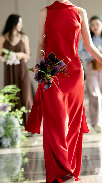 Attractive Satin Red Prom Dress Backless Beads Mermaid Evening Dress C9060