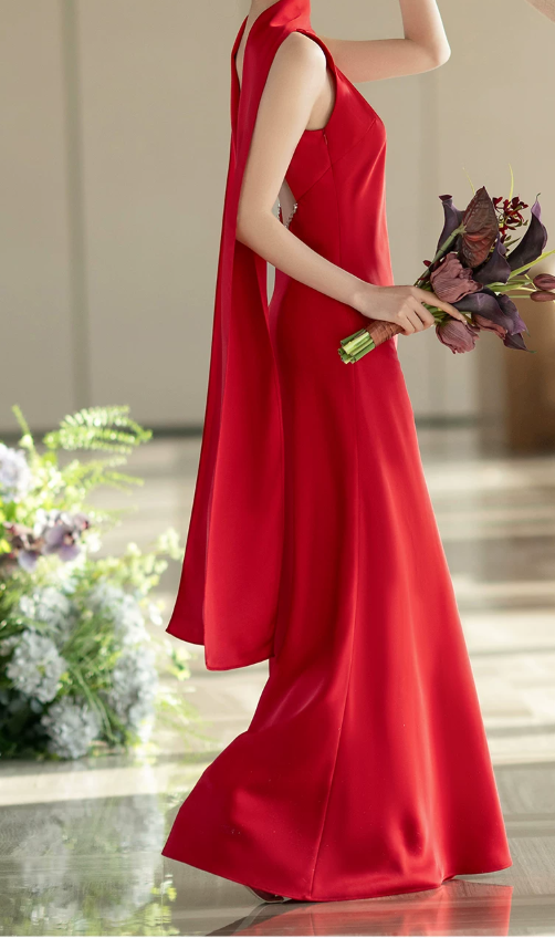 Attractive Satin Red Prom Dress Backless Beads Mermaid Evening Dress C9060