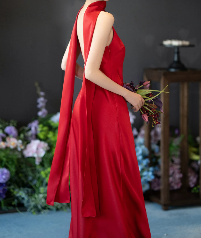 Attractive Satin Red Prom Dress Backless Beads Mermaid Evening Dress C9060