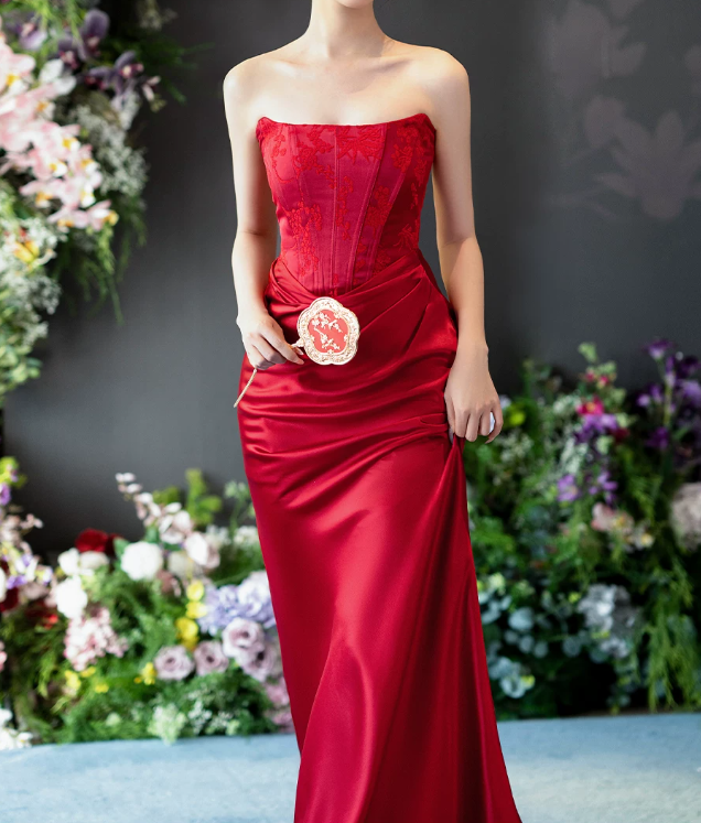 Unique Strapless Bodice Prom Dress Red Jacquard Mermaid Evening Dress C9061