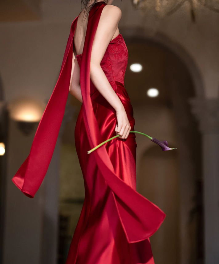 Unique Strapless Bodice Prom Dress Red Jacquard Mermaid Evening Dress C9061