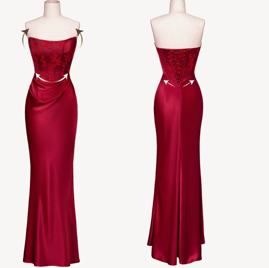 Unique Strapless Bodice Prom Dress Red Jacquard Mermaid Evening Dress C9061