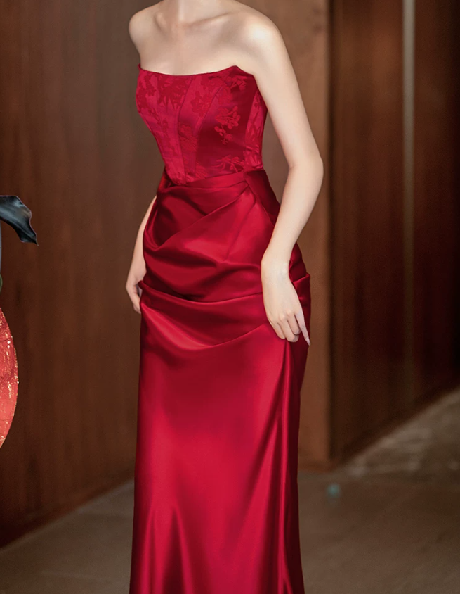 Unique Strapless Bodice Prom Dress Red Jacquard Mermaid Evening Dress C9061