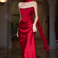 Unique Strapless Bodice Prom Dress Red Jacquard Mermaid Evening Dress C9061