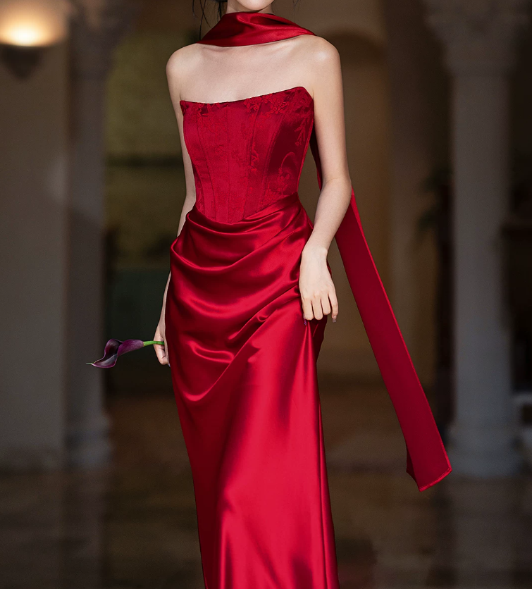 Unique Strapless Bodice Prom Dress Red Jacquard Mermaid Evening Dress C9061