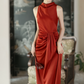 Graceful Halter Neck Red Prom Dress Sleeveless Pleated Mermaid Evening Dress C9062