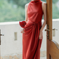 Graceful Halter Neck Red Prom Dress Sleeveless Pleated Mermaid Evening Dress C9062