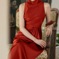 Graceful Halter Neck Red Prom Dress Sleeveless Pleated Mermaid Evening Dress C9062