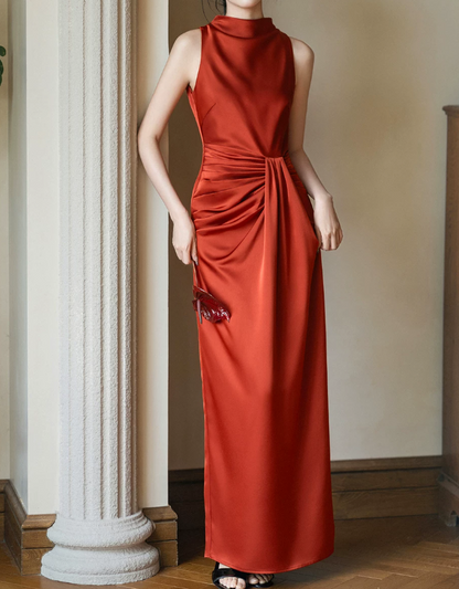 Graceful Halter Neck Red Prom Dress Sleeveless Pleated Mermaid Evening Dress C9062
